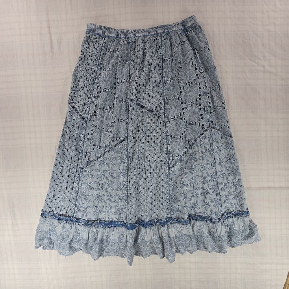 Soft Surroundings Porfiria Chambray Maxi Skirt Blue Boho Eyelet Patchwork XL